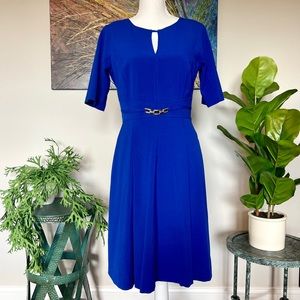 SOLD- Ellen Tracy knee-length midi dress w/heyhole cut-out in striking cobalt, 8